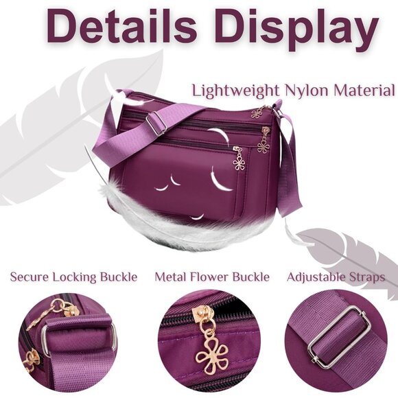 Women's Lightweight Nylon Crossbody Bag with Adjustable Strap and Zipper Closure - Picture 4 of 8